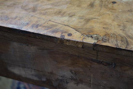 A 19th century burr elm console table with brass mounts W.113cm.